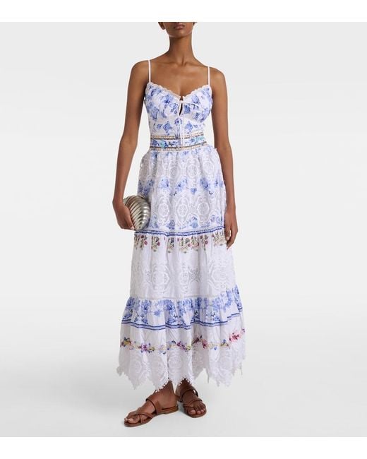 Camilla Blue Printed Lace-Trimmed Linen Bra Top