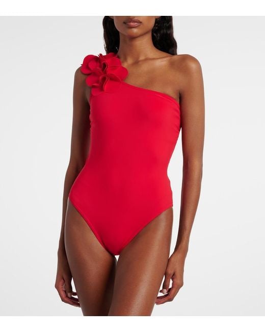 Karla Colletto Red Tess Floral-Applique One-Shoulder Swimsuit