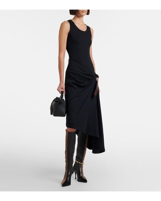 Loewe Black Belted Ribbed-Knit Draped Cotton-Blend Midi Dress