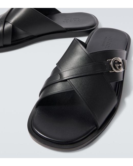Gucci Black Leather Slides for men