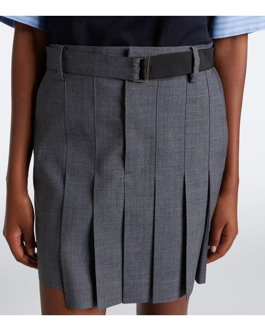 Sacai Gray Pleated Asymmetric Wool Miniskirt