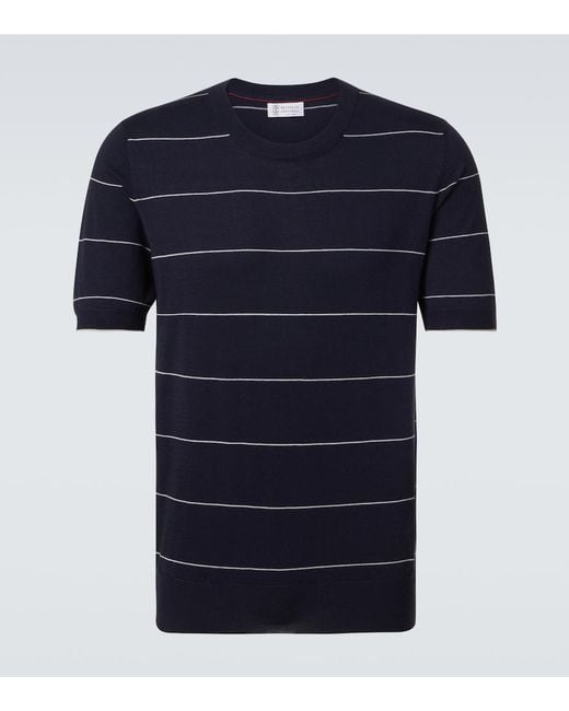 Brunello Cucinelli Blue Striped Cotton Jersey T-Shirt for men
