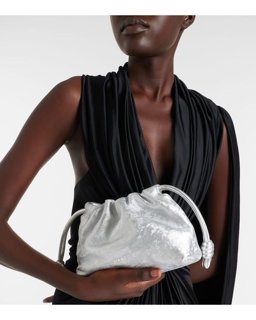 Loewe White Flamenco Mini Metallic Leather Clutch
