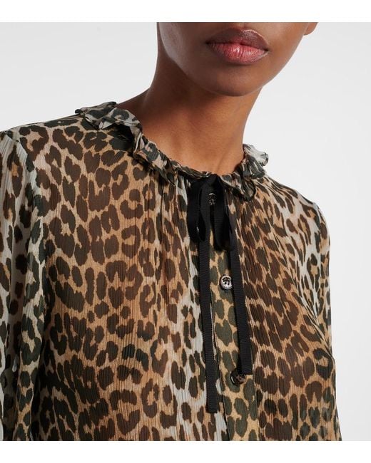 Ganni Brown Leopard-Print Tie-Neck Chiffon Blouse