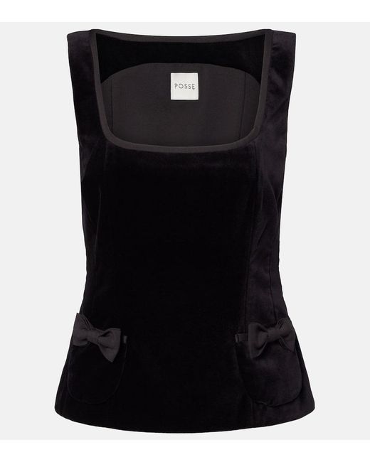 Posse Black Quincy Bow-Detail Cotton Velvet Top