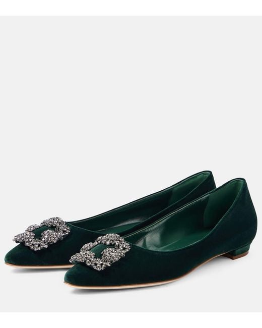 Manolo Blahnik Green Hangisi Embellished Velvet Ballet Flats