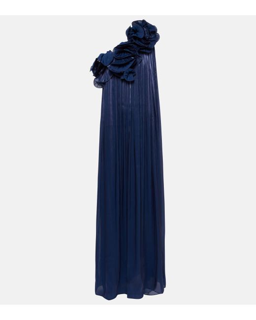 Costarellos Blue Ruffled One-shoulder Gown