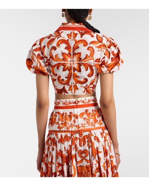 Dolce & Gabbana Red Majolica Cropped Cotton Poplin Blouse