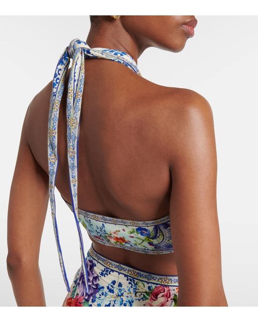 Camilla Blue Crystal-Embellished Halterneck Wrap Top