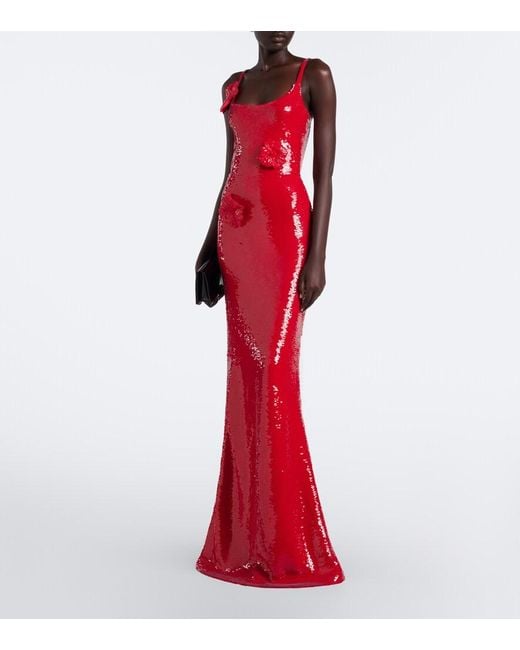 David Koma Red Floral-Applique Sequined Gown