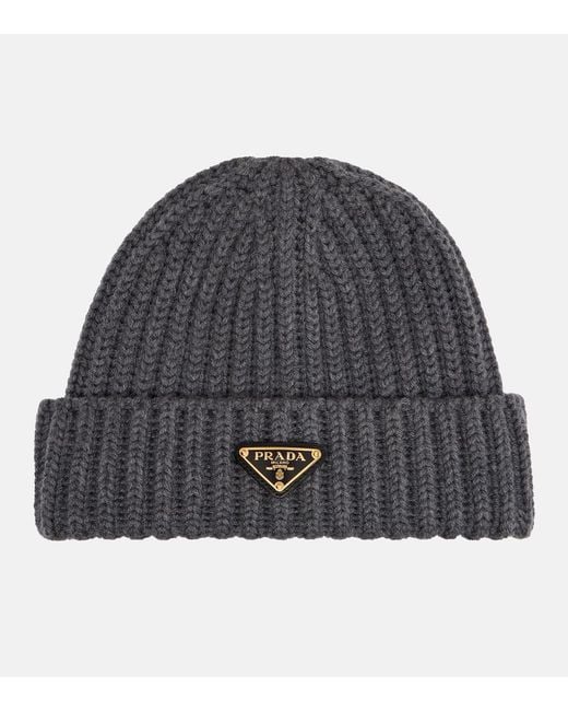 Prada Gray Logo Ribbed-Knit Wool And Cashmere Beanie