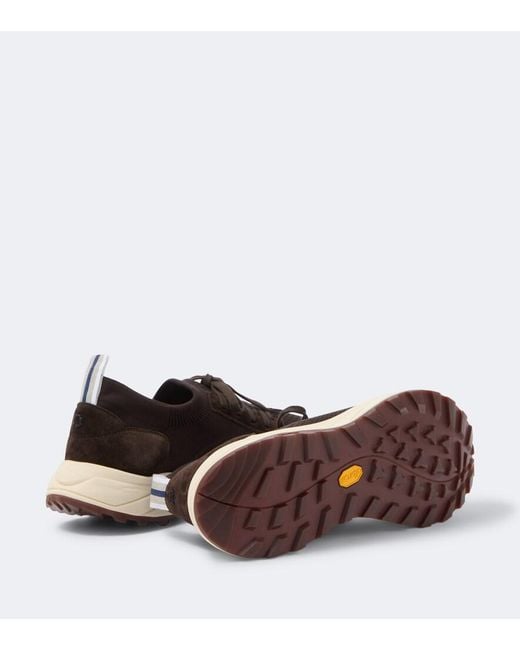 Fedeli Brown Knitted Suede-Trimmed Sneakers for men