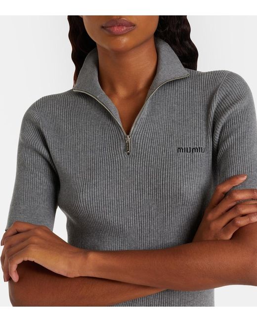 Miu Miu Gray Cotton Half-Zip Sweater