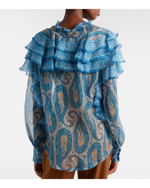 Etro Blue Paisley Ruffled Silk Blouse