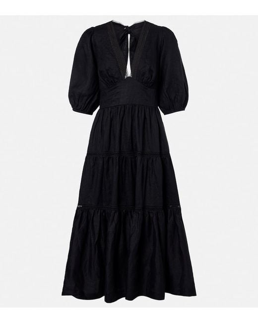 Heidi Klein Black Meteora Lace-Trimmed Linen Midi Dress
