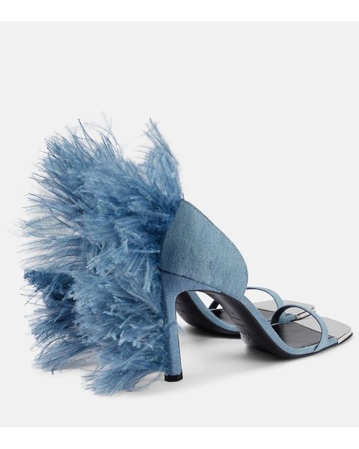 Area Blue X Sergio Rossi Amazona Feather-Trimmed Denim Sandals