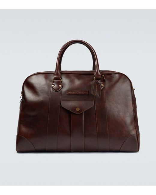 Mens Bags Gym bags and sports bags Brunello Cucinelli Vitello Nuvolato Logo-print Leather Duffle Bag in Brown for Men 