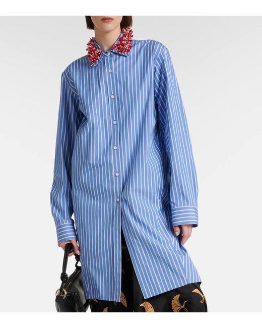 Camicia in cotone a righe con applicazioni di Dries Van Noten in Blue