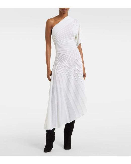 Alaïa White Asym Ray Virgin Wool Midi Dress