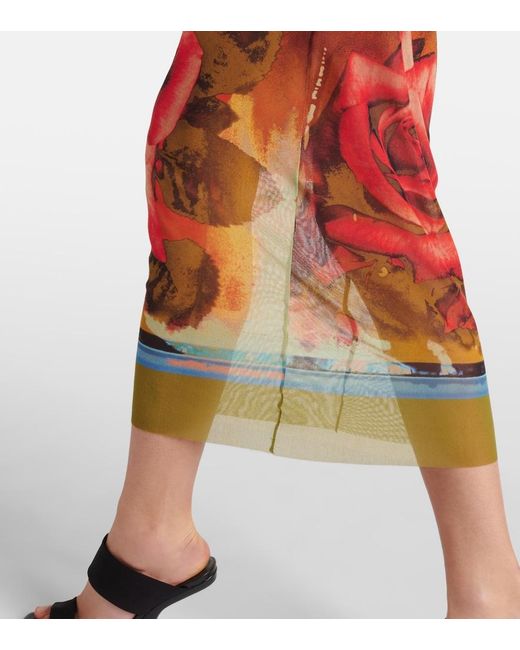 Jean Paul Gaultier Red Roses Printed Tulle Midi Dress