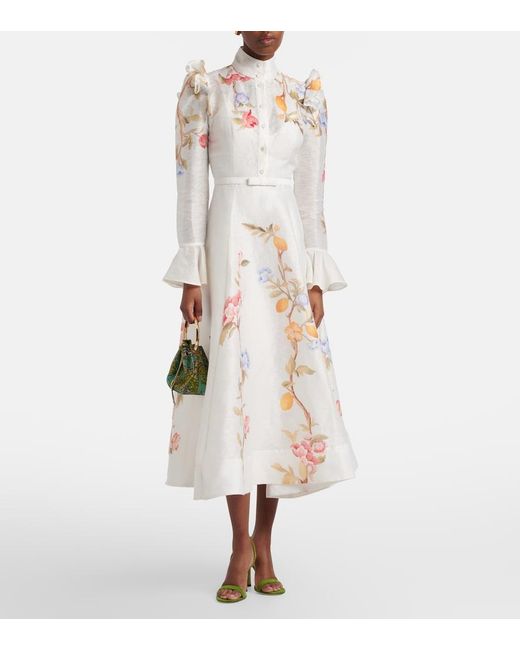 LEO LIN White Selina Floral Ruffled Linen-Blend Midi Dress