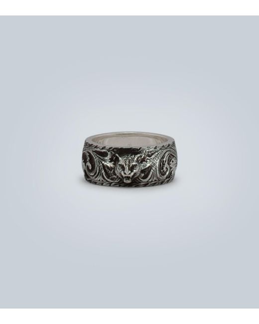 Gucci Metallic Thin Silver Ring With Feline Head for men