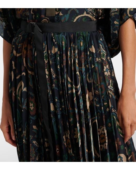 Sacai Black Floral Pleated Midi Skirt