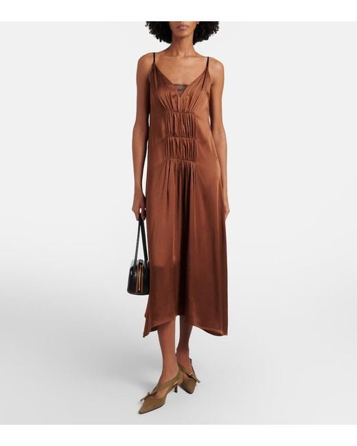 Prada Brown Gathered Crepe Satin Slip Dress