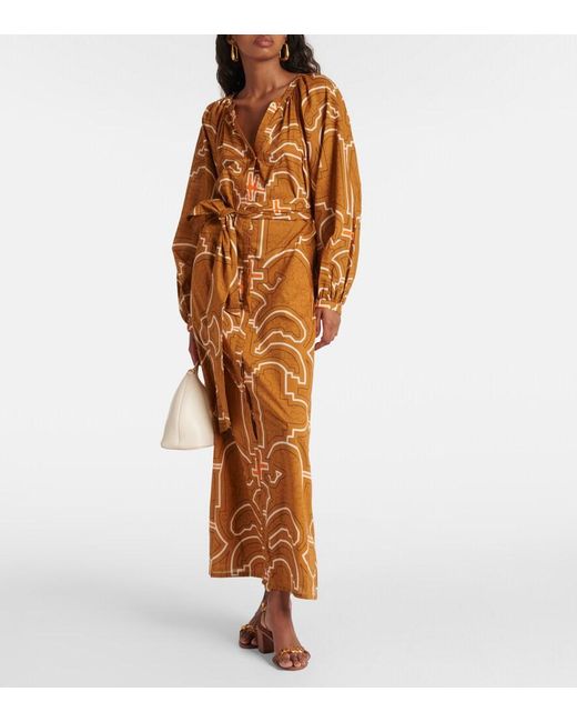 Johanna Ortiz Brown Printed Balloon-Sleeve Cotton Maxi Dress