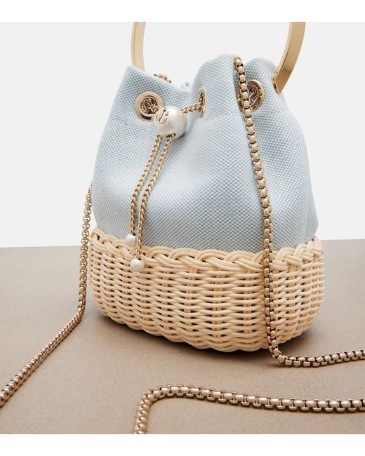 Jimmy Choo Blue Bon Bon Canvas And Wicker Bucket Bag