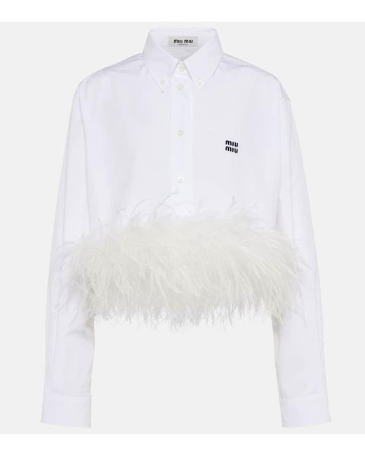 Miu Miu White Cropped-Hemd aus Popeline mit Federn