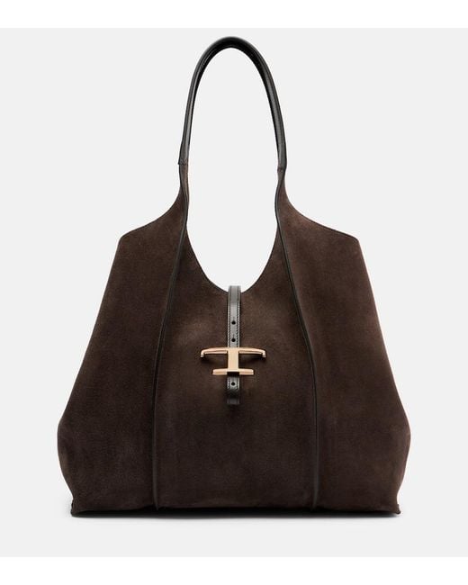 Tod's Black Tote Bag T Timeless Medium Aus Veloursleder