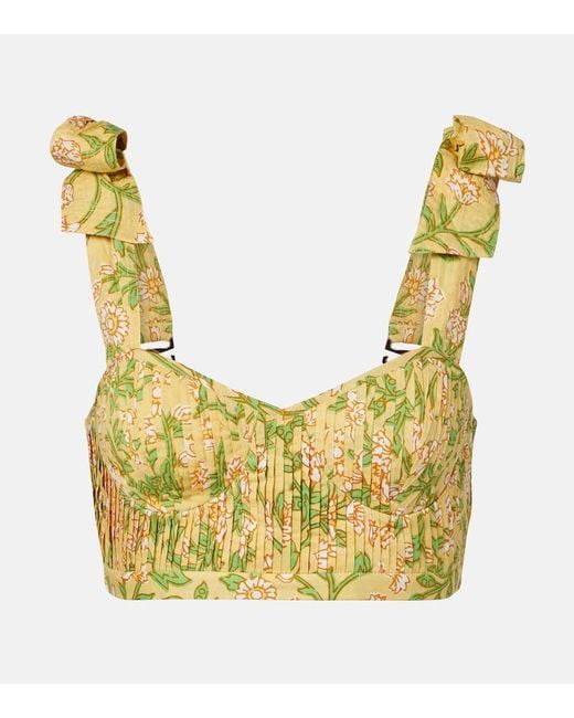 Poupette Yellow Carla Pleated Floral Cotton Crop Top