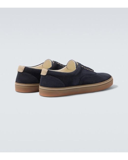 Brunello Cucinelli Blue Leather-Trimmed Suede Sneakers for men
