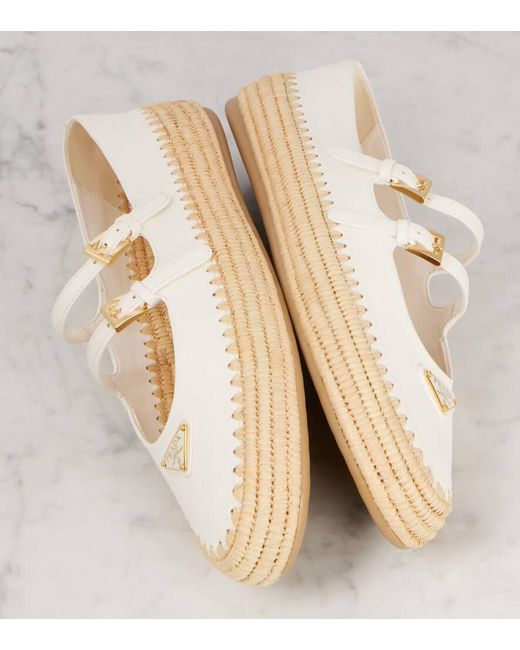 Prada White Leather And Straw Ballets