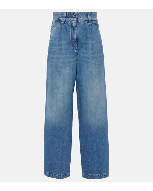 Brunello Cucinelli Blue Pleated High-Rise Wide-Leg Jeans