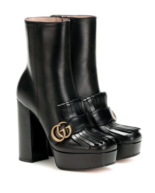 Gucci Black Marmont Stiefel Aus Leder Mit Haferlasche, Logo Und Plateau