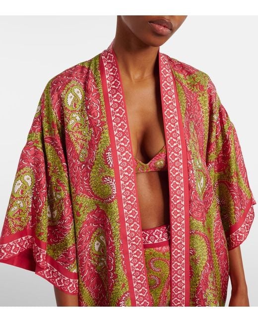 Etro Red Printed Silk Twill Wrap Jacket