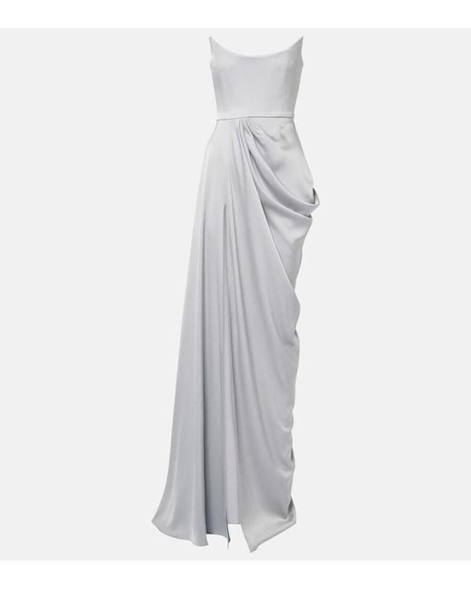 Alex Perry White Draped Satin Crepe Bustier Gown