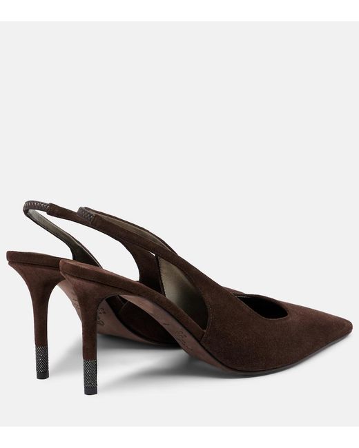 Brunello Cucinelli Brown Monili Suede Slingback Pumps