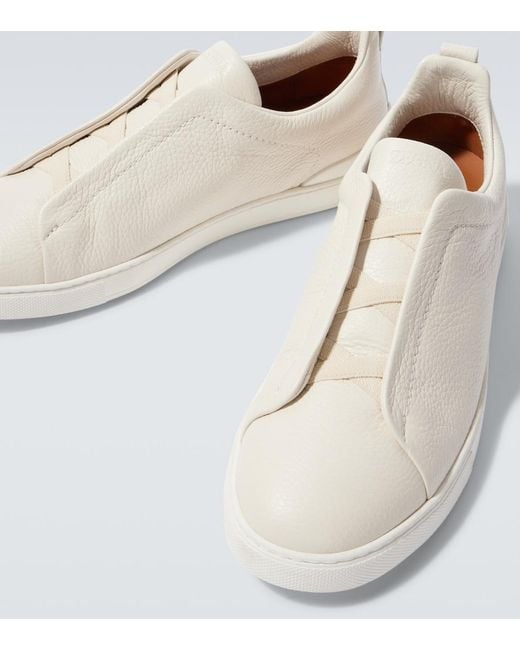 Zegna White Triple Stitch Leather Sneakers for men