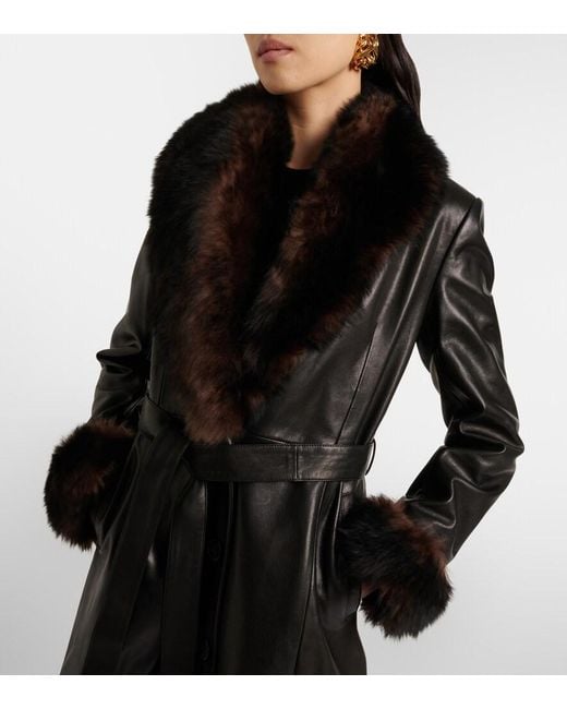 Nour Hammour Black Baez Shearling-Trimmed Leather Coat