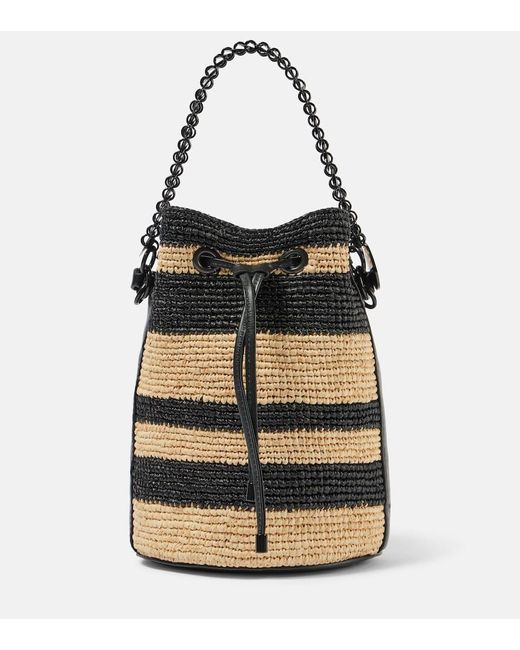 Rabanne Black Mini Striped Raffia Bucket Bag