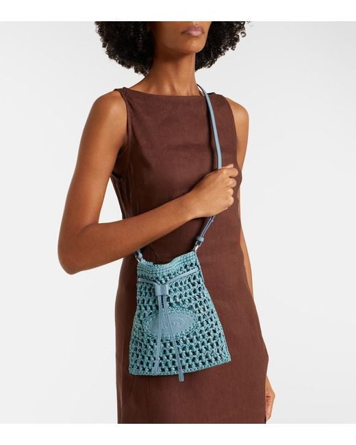 Tod's Blue Ebl Mini Raffia-Effect Bucket Bag