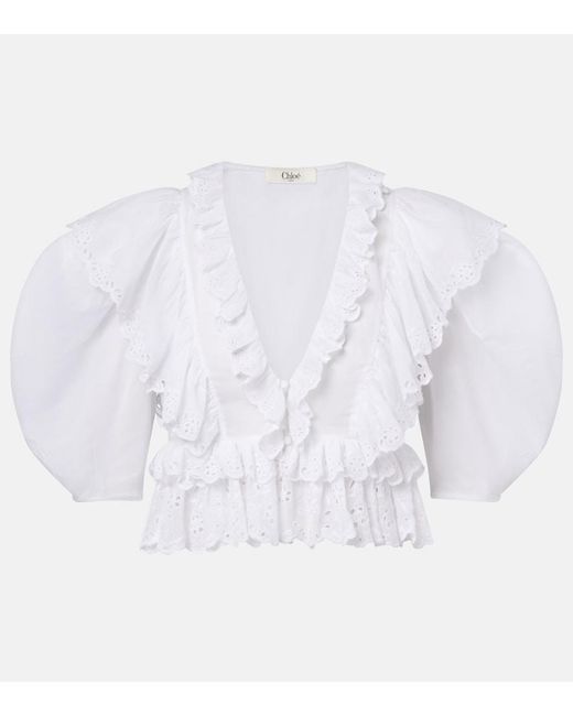 Chloé Blue Embroidered Ruffled Cotton Top