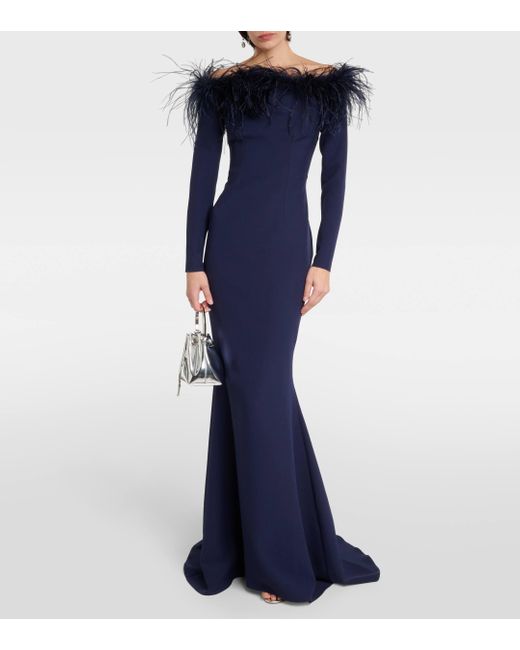 Safiyaa Blue Starlana Feather-trimmed Off-shoulder Gown