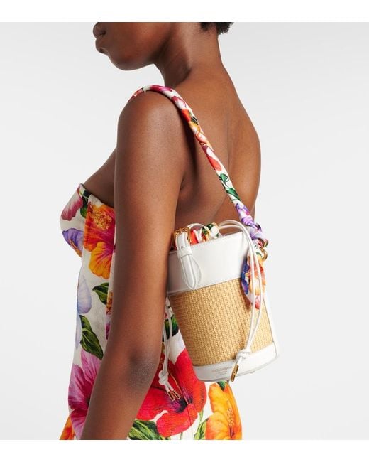 Dolce & Gabbana White Leather-Trimmed Raffia Bucket Bag