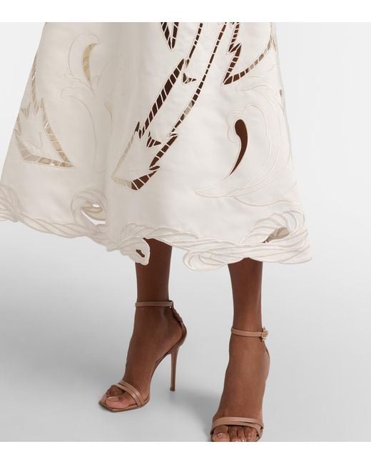 LEO LIN White Palm Laser-Cut Embroidered Midi Dress