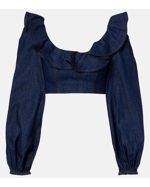 Zimmermann Blue Aster Ruffled Denim Crop Top