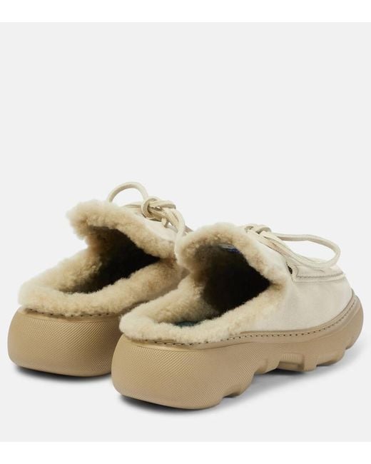 Burberry White Ekd Shearling-Lined Suede Mules